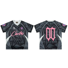 Corteiz Geometric Graphic Athletic Jersey T-Shirt - Black/Grey/Pink